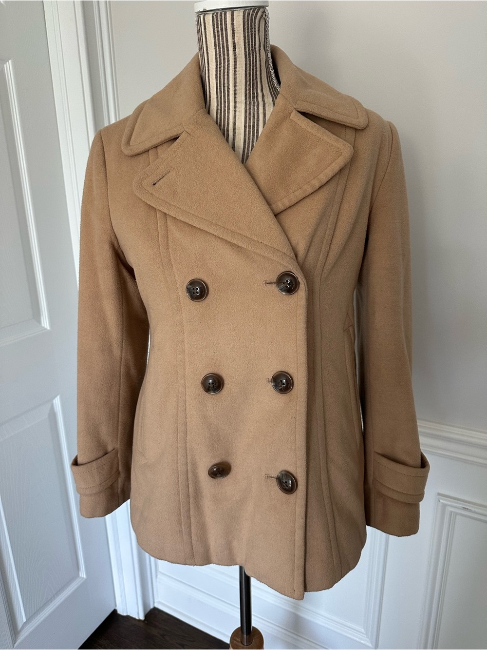 Lands’ End Camel Wool Blend Pea Coat Jacket Petite 6P Preppy